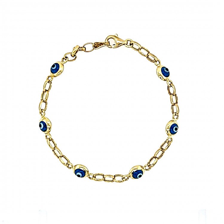 14K YELLOW GOLD EVIL EYE STATION OVAL ROLO BRACELET / 6mm / 6" / 2.9gr / BRI78