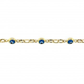 14K YELLOW GOLD EVIL EYE STATION OVAL ROLO BRACELET / 6mm / 6" / 2.9gr / BRI78