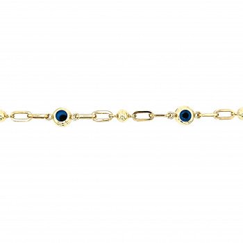 14K YELLOW GOLD EVIL EYE STATION OVAL CABLE LINK BRACELET / 7.8mm / 7" / 5.5gr / BRI76