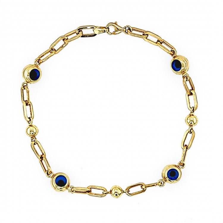 14K YELLOW GOLD EVIL EYE STATION OVAL CABLE LINK BRACELET / 7.8mm / 7" / 5.5gr / BRI76