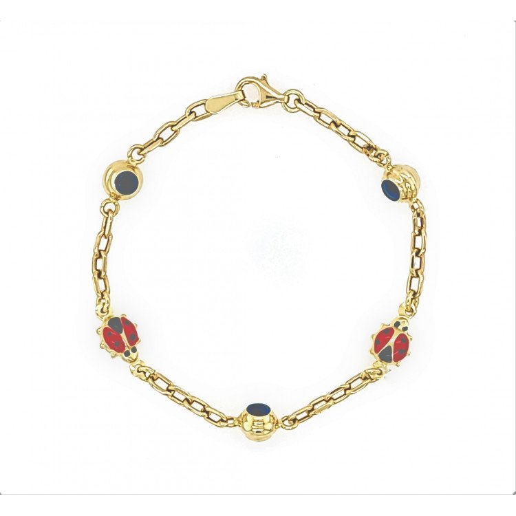 14K YELLOW GOLD CHILD EVIL EYE AND LADYBUG STATION BRACELET / 6.4"/ 3.1gr / BRI71