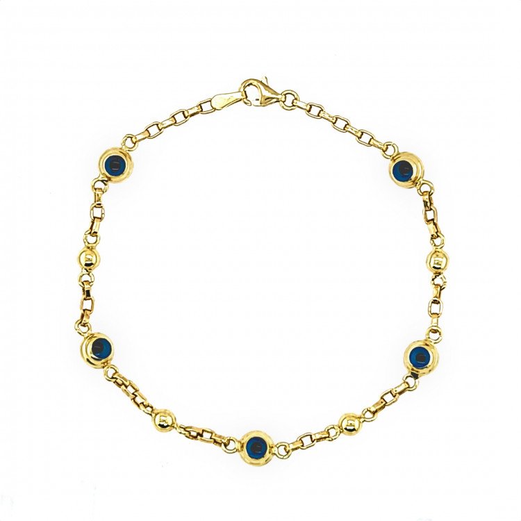 14K YELLOW GOLD EVIL EYE AND BALLS STATION  ROLO BRACELET / 6mm / 6.5" / 3.3gr / BRI65