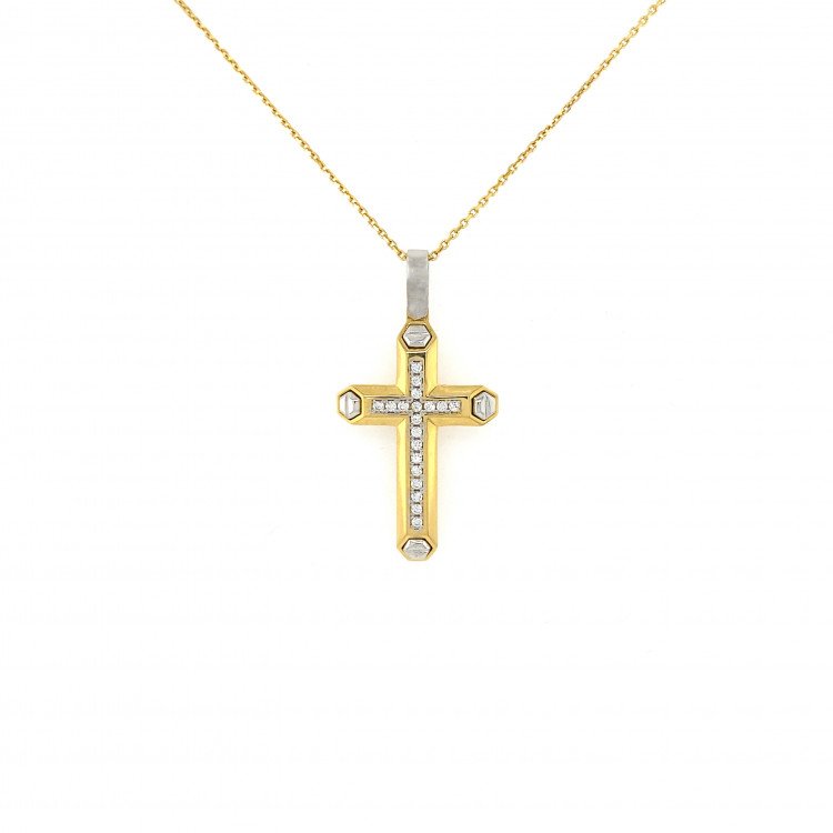 18K Yellow & White Gold Cross Pendant Set/1.2"x0.75"/2mm/5.7gr/CRI3