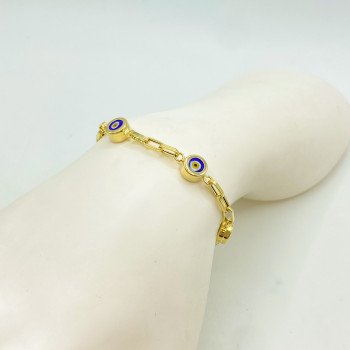 14K YELLOW GOLD EVIL EYE STATION SQUARE PAPER CLIP BRACELET / 7.9mm / 7" / 5.6gr / BRI62