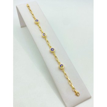 14K YELLOW GOLD EVIL EYE STATION SQUARE PAPER CLIP BRACELET / 7.9mm / 7" / 5.6gr / BRI62