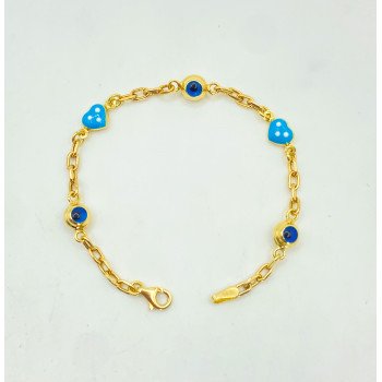 14K YELLOW GOLD CHILD EVIL EYE AND HEART STATION BRACELET / 6"/ 3.1gr / BRI75