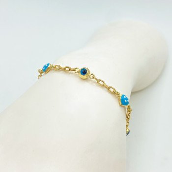 14K YELLOW GOLD CHILD EVIL EYE AND HEART STATION BRACELET / 6"/ 3.1gr / BRI75