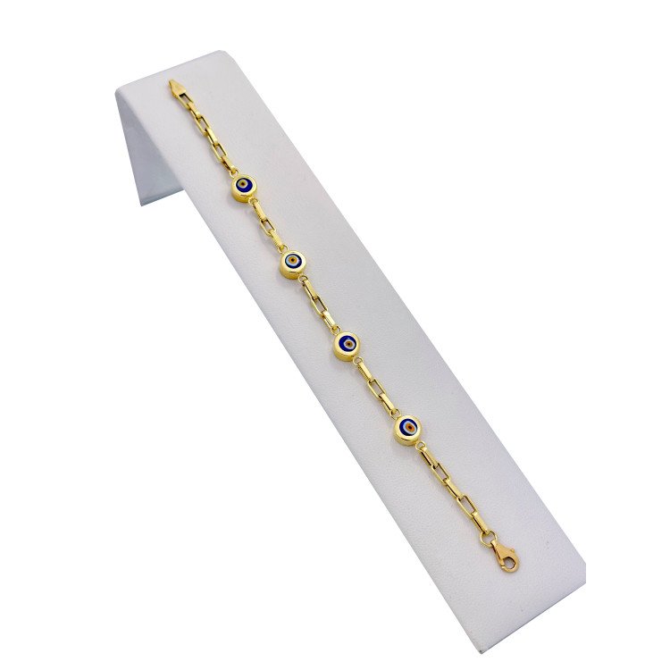 14K YELLOW GOLD EVIL EYE STATION SQUARE PAPER CLIP BRACELET / 7.9mm / 7" / 5.6gr / BRI62