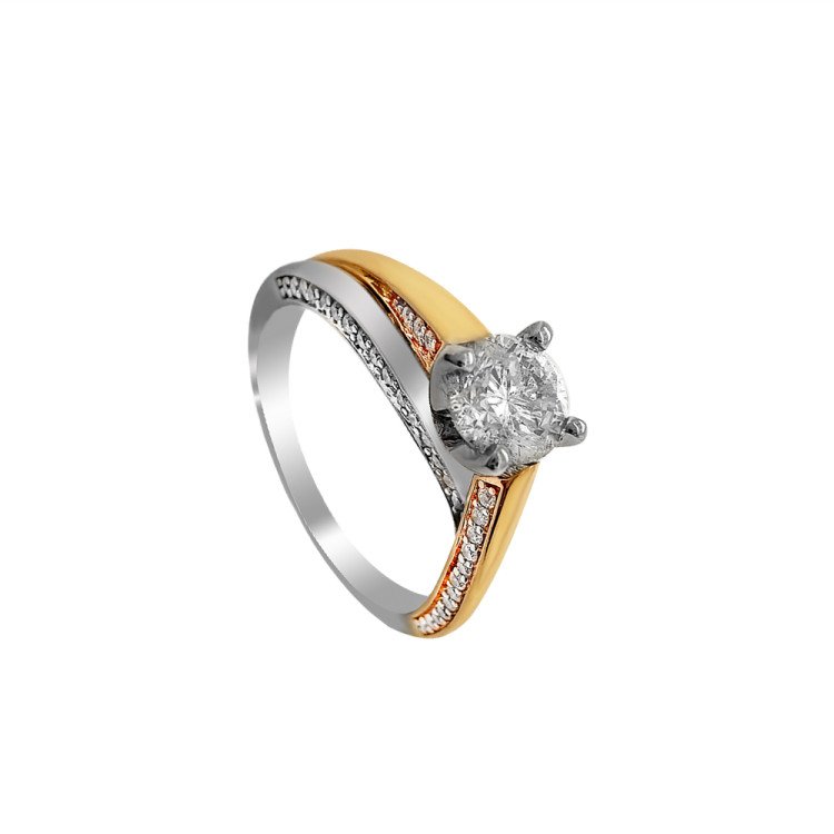 14K Two Tone Gold Solitarie & Natural Diamonds Ring/0.98ct/3.7g/M299