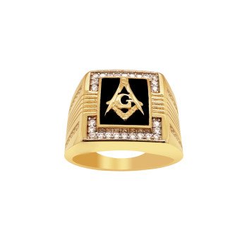 14K Yellow Gold Masonik Ring CZ & Onix/7.8gr/M277