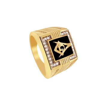 14K Yellow Gold Masonik Ring CZ & Onix/7.8gr/M277