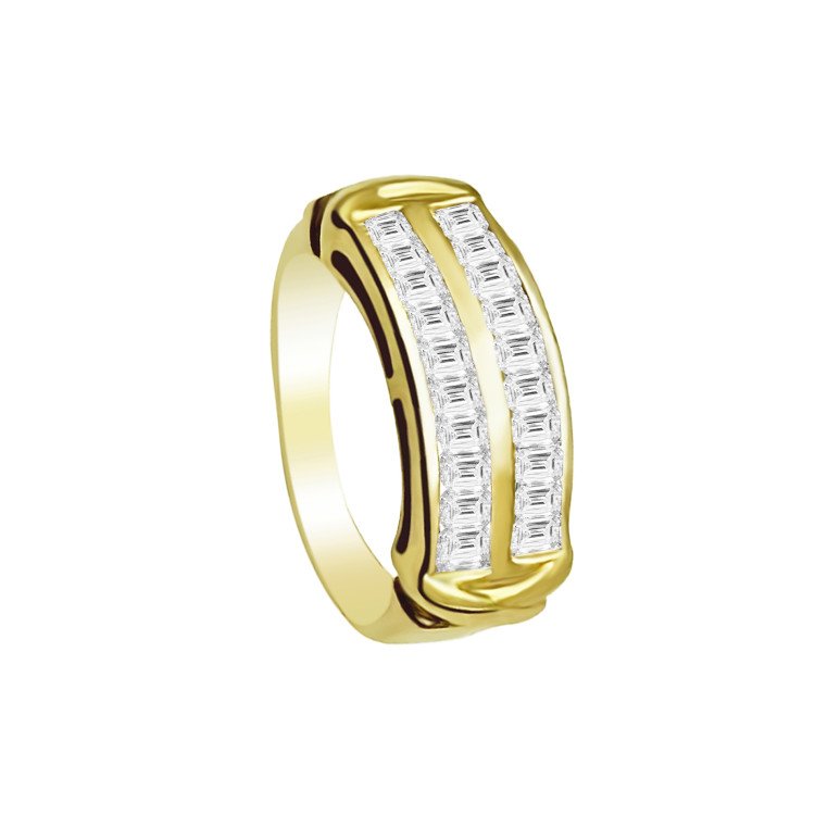 Baguette and Trapeze-cut Diamonds Double-row Ring in 18k Yellow gold