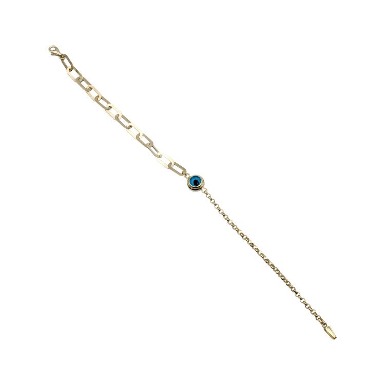 18K YELLOW GOLD EVIL EYE MIXED FLAT PAPER CLIP AND ROLO BRACELET / 8.5mm / 8"/ 3.8gr / BRI264