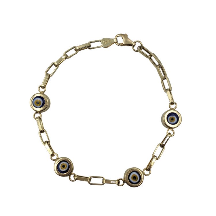 14K YELLOW GOLD EVIL EYE STATION SQUARE PAPER CLIP BRACELET / 7" / 5.1gr / BRI62A