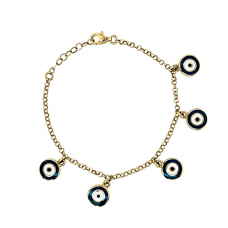 14k YELLOW GOLD EVIL EYE ENAMEL STATION ROLO BRACELET / 8.2mm / 6.75" / 5.2gr / BRCHI7